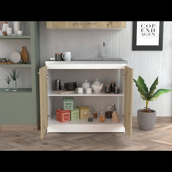 Tuhome Napoles Utility Sink with Cabinet, One Shelf, Double Door Cabinet, White/Light Oak MID6556 - main